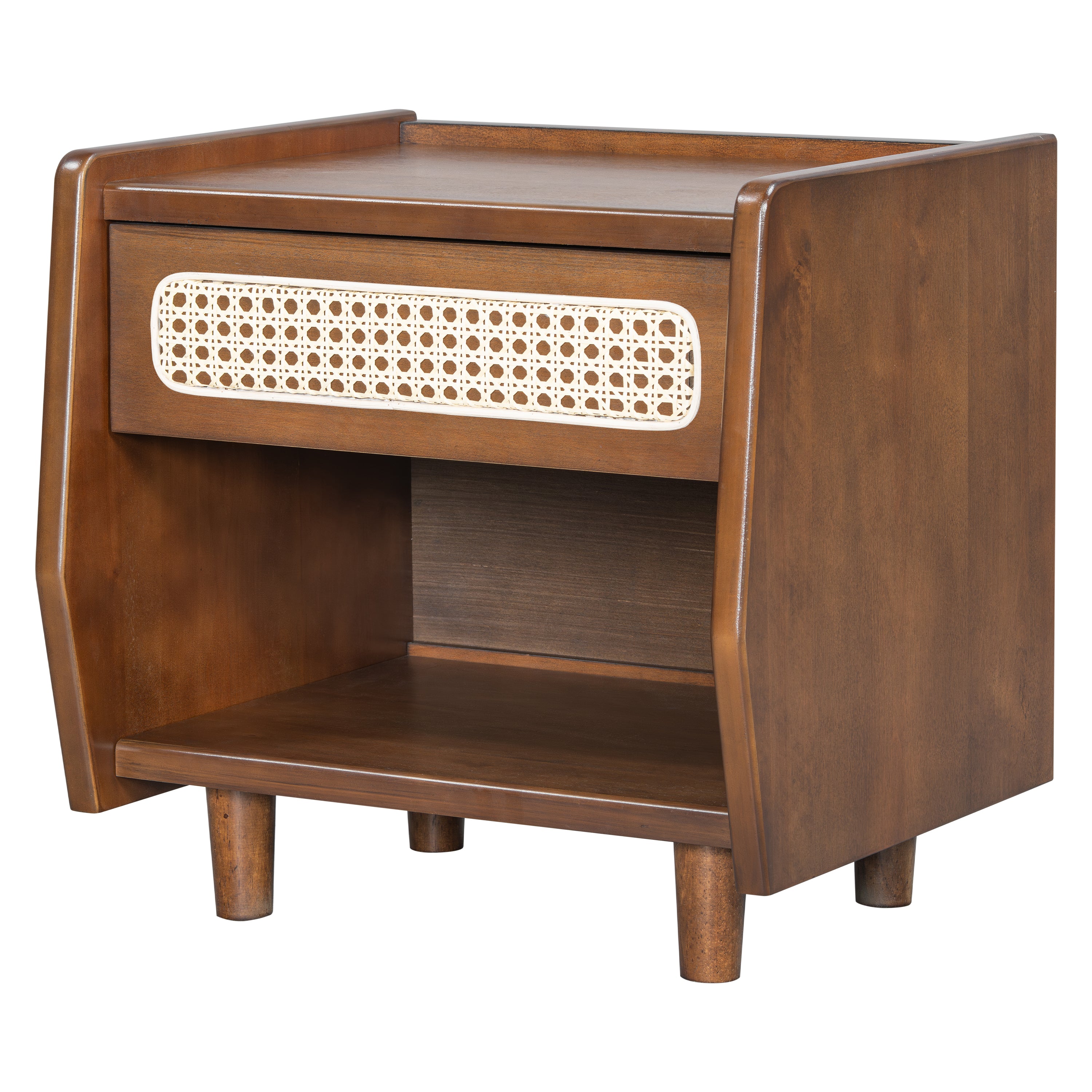 Walnut Nightstand with Rattan Detail