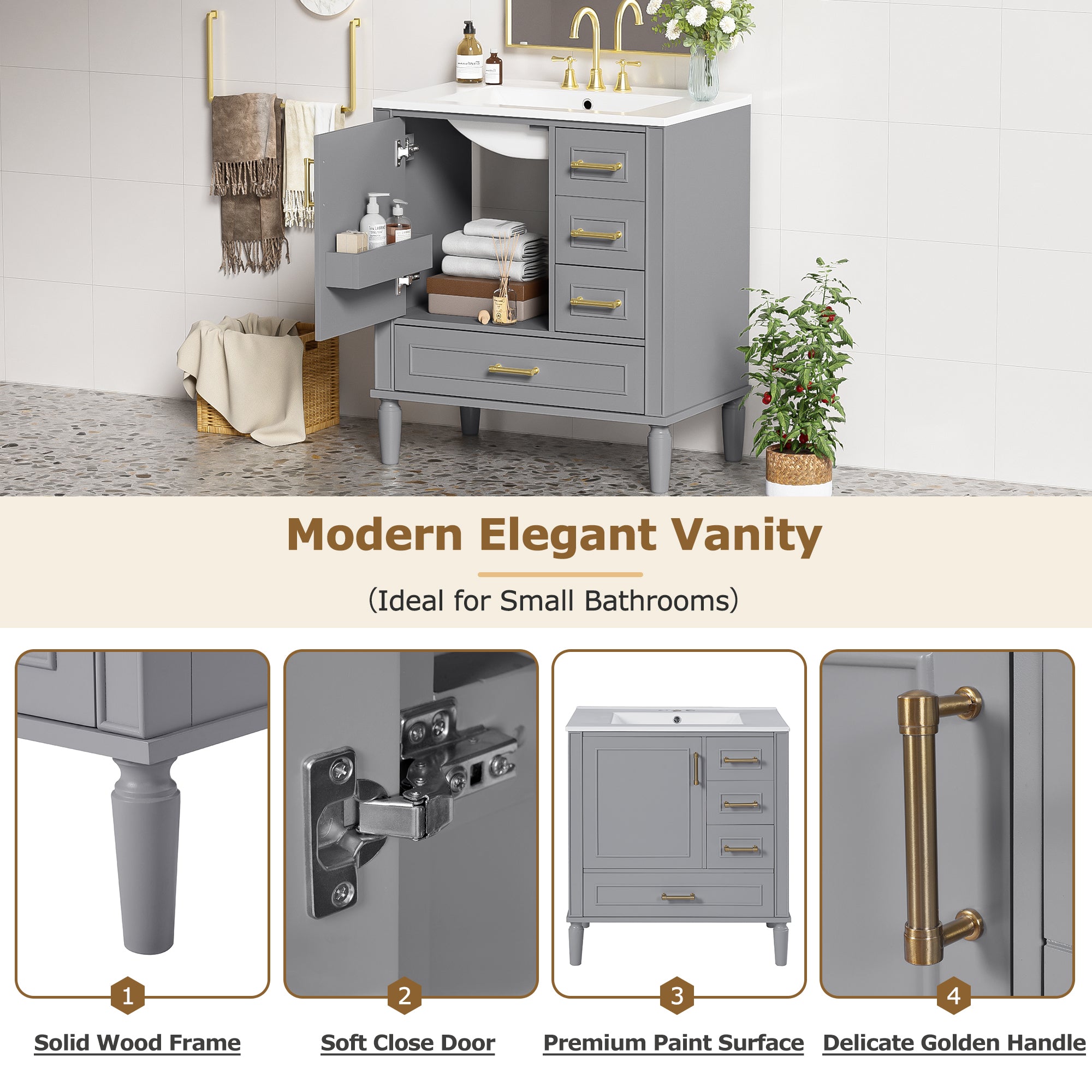 30" Bathroom Vanity with Ceramic Sink, Soft-Close Door and Ample Storage