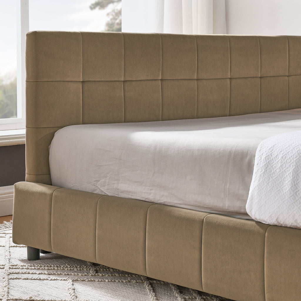 Full Size Upholstered Tufted Bed Frame in Brown Velvet