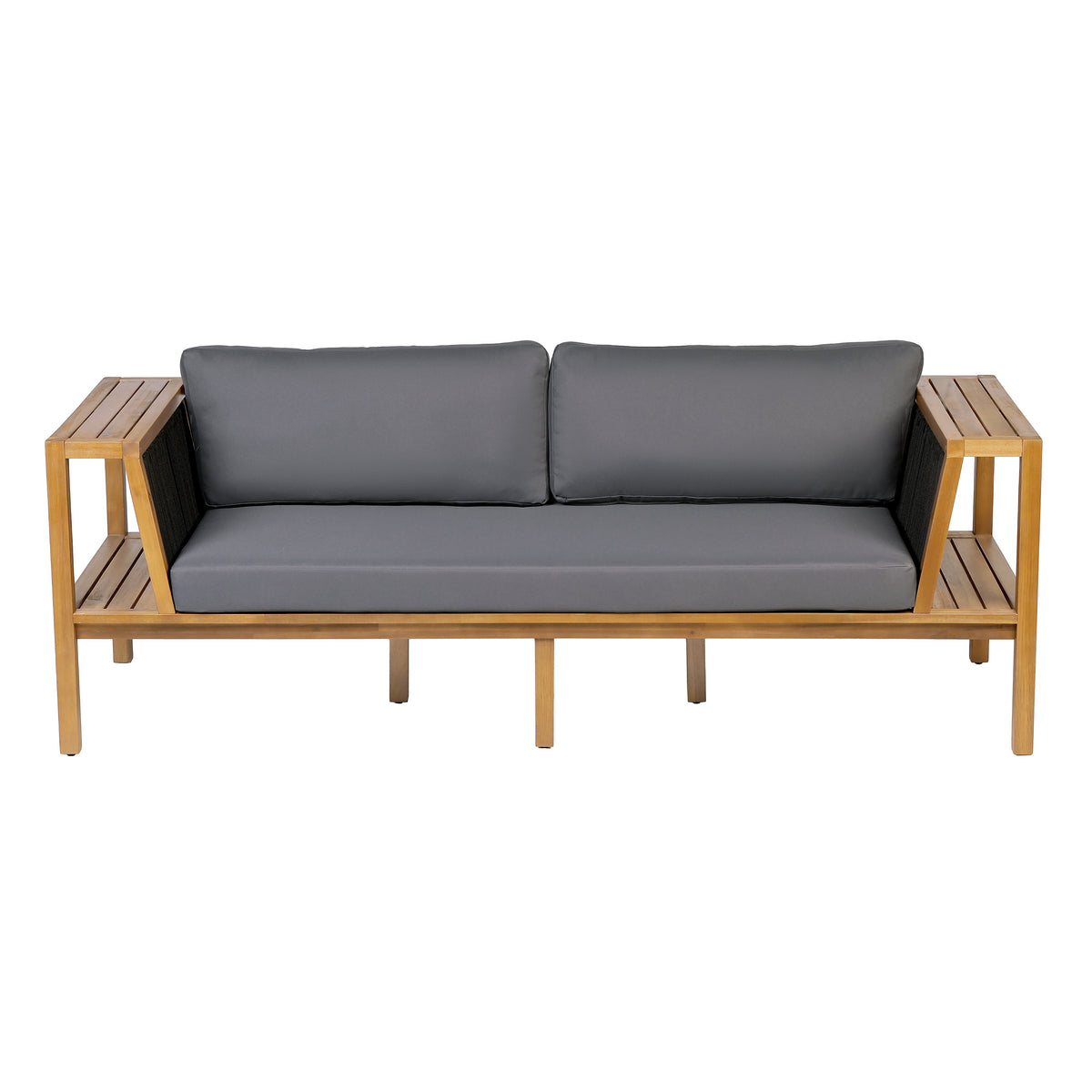Teak Finish Acacia Wood Outdoor Daybed Sofa Set with Rope Panels, Grey Cushions