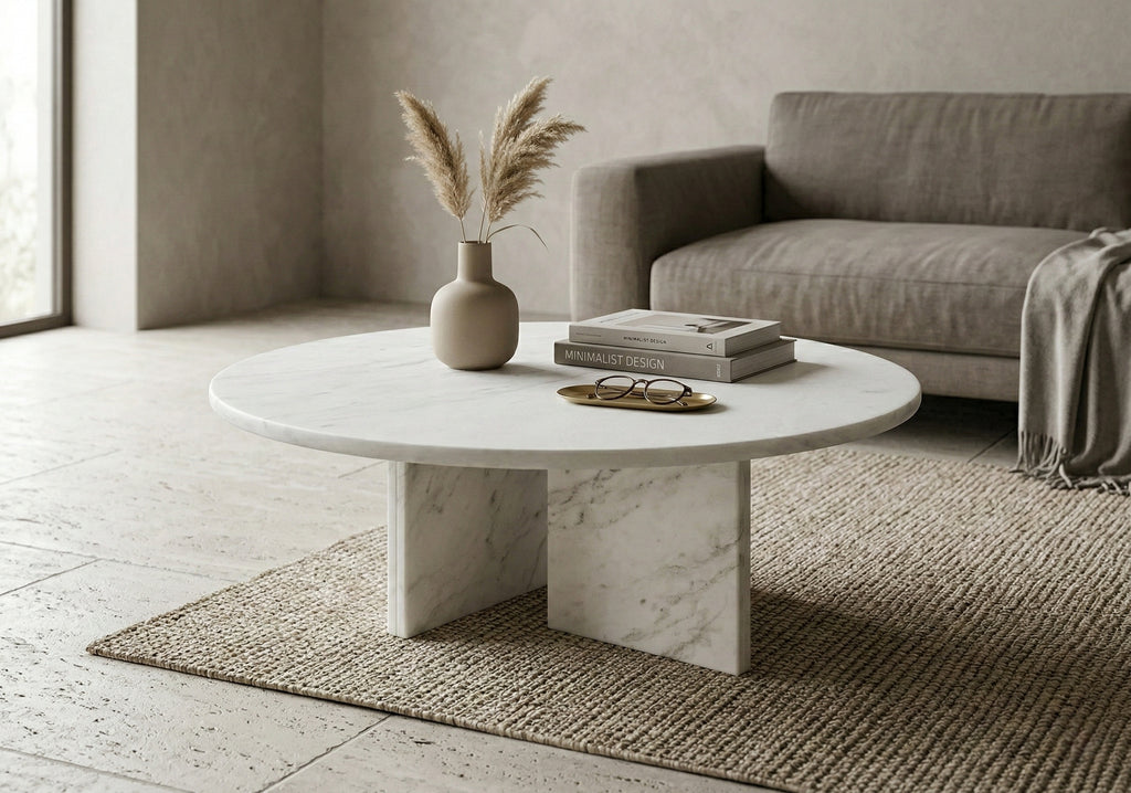 White Semi-Polished Marble Round Coffee Table