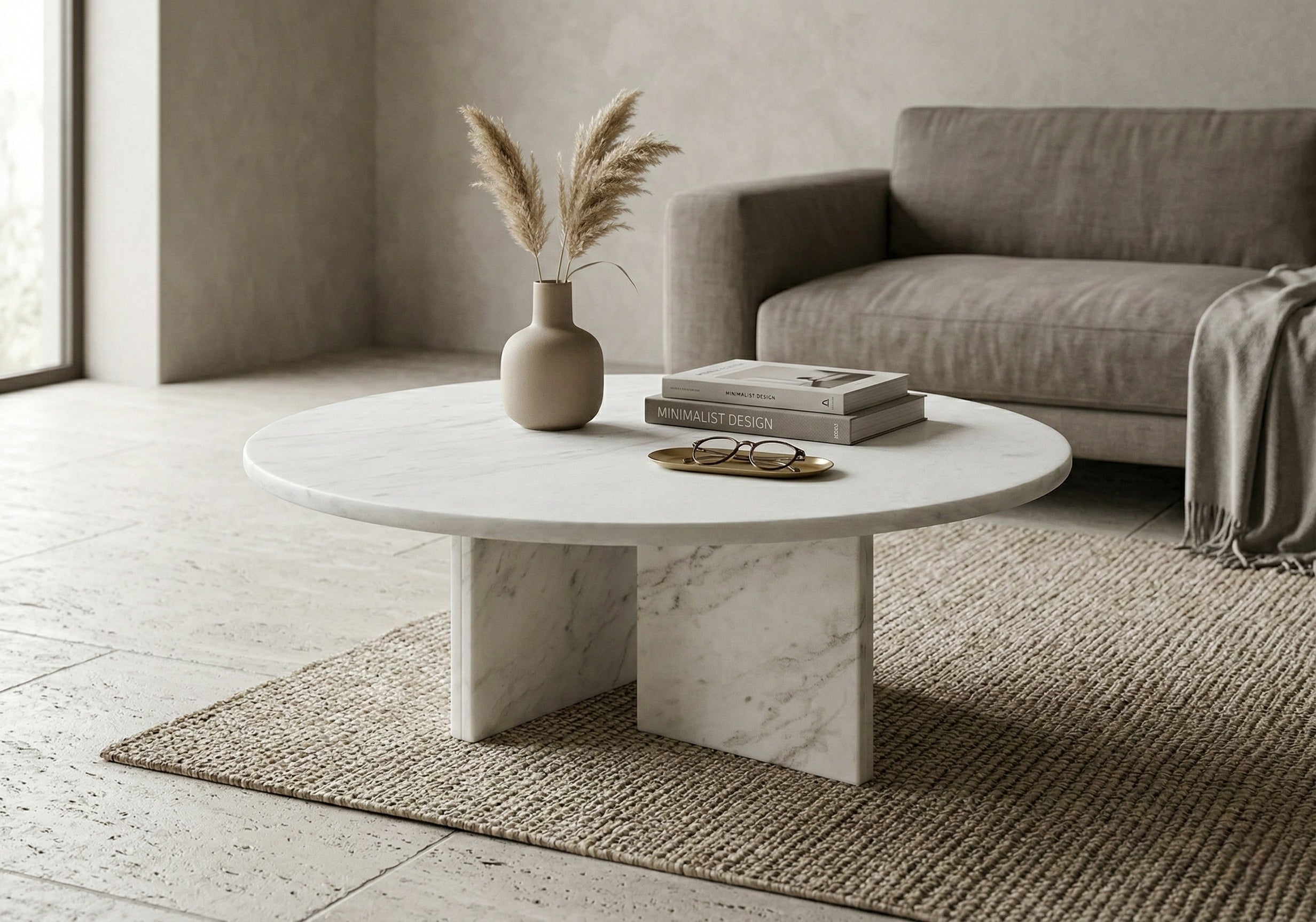 White Semi-Polished Marble Round Coffee Table