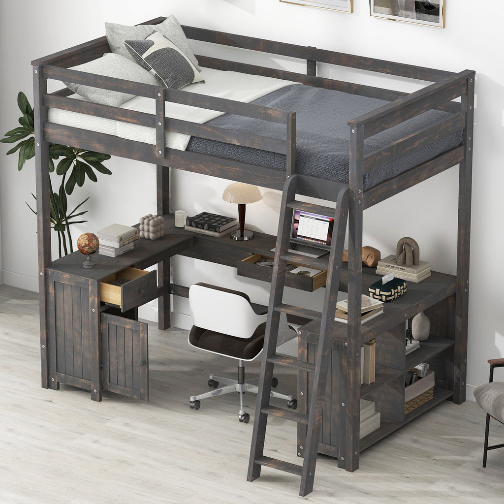Full Size Loft Bed with U-shaped Desk, Drawers and Storage Shelves