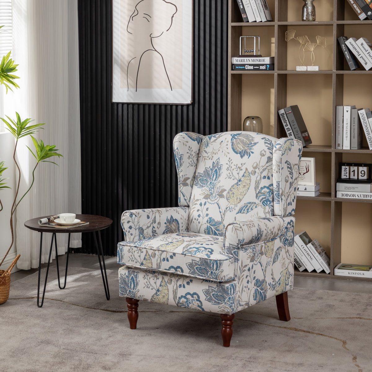 Modern Accent Chair with Retro Wood Legs, Floral Design, Antique Blue Linen