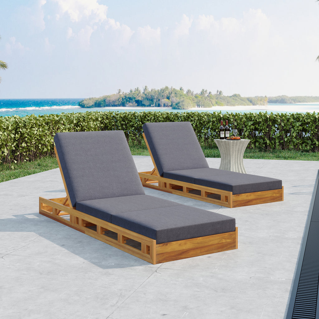 Lounge Chaise Set, Acacia Solid Wood with Lounge Cushion (Dark)