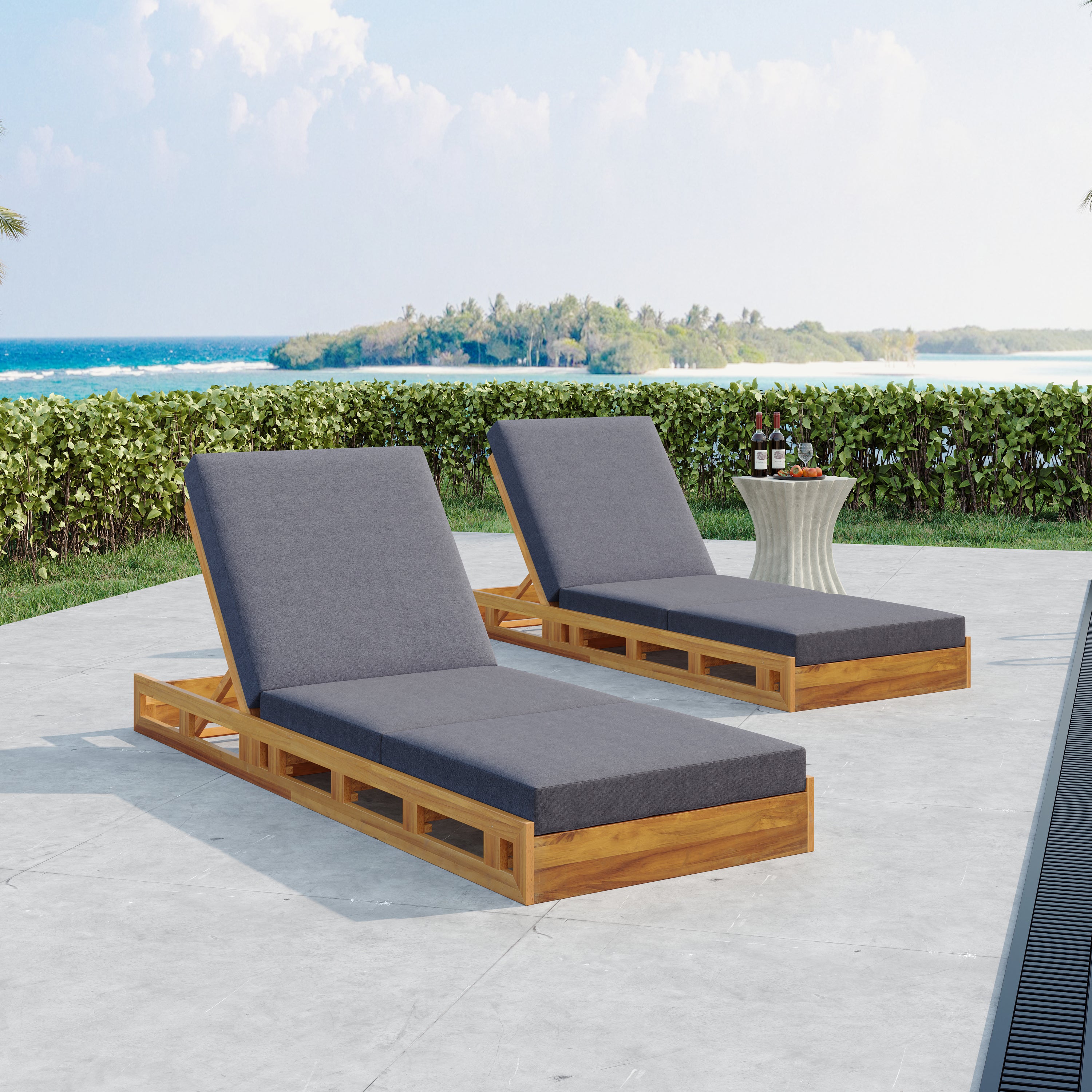 Lounge Chaise Set, Acacia Solid Wood with Lounge Cushion (Dark)