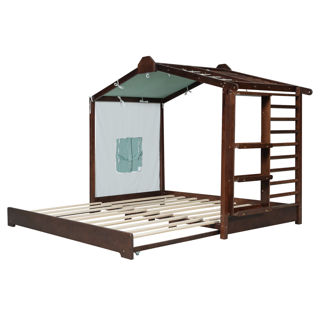 Twin Size House Bed with Twin Size Trundle and Side Shelves