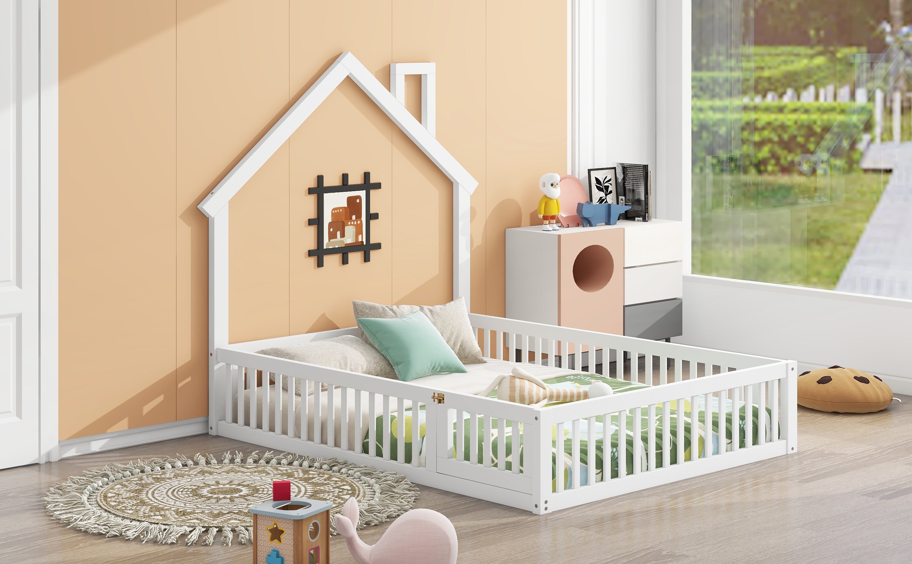 Wood Full Size House Platform Bed with Guardrail