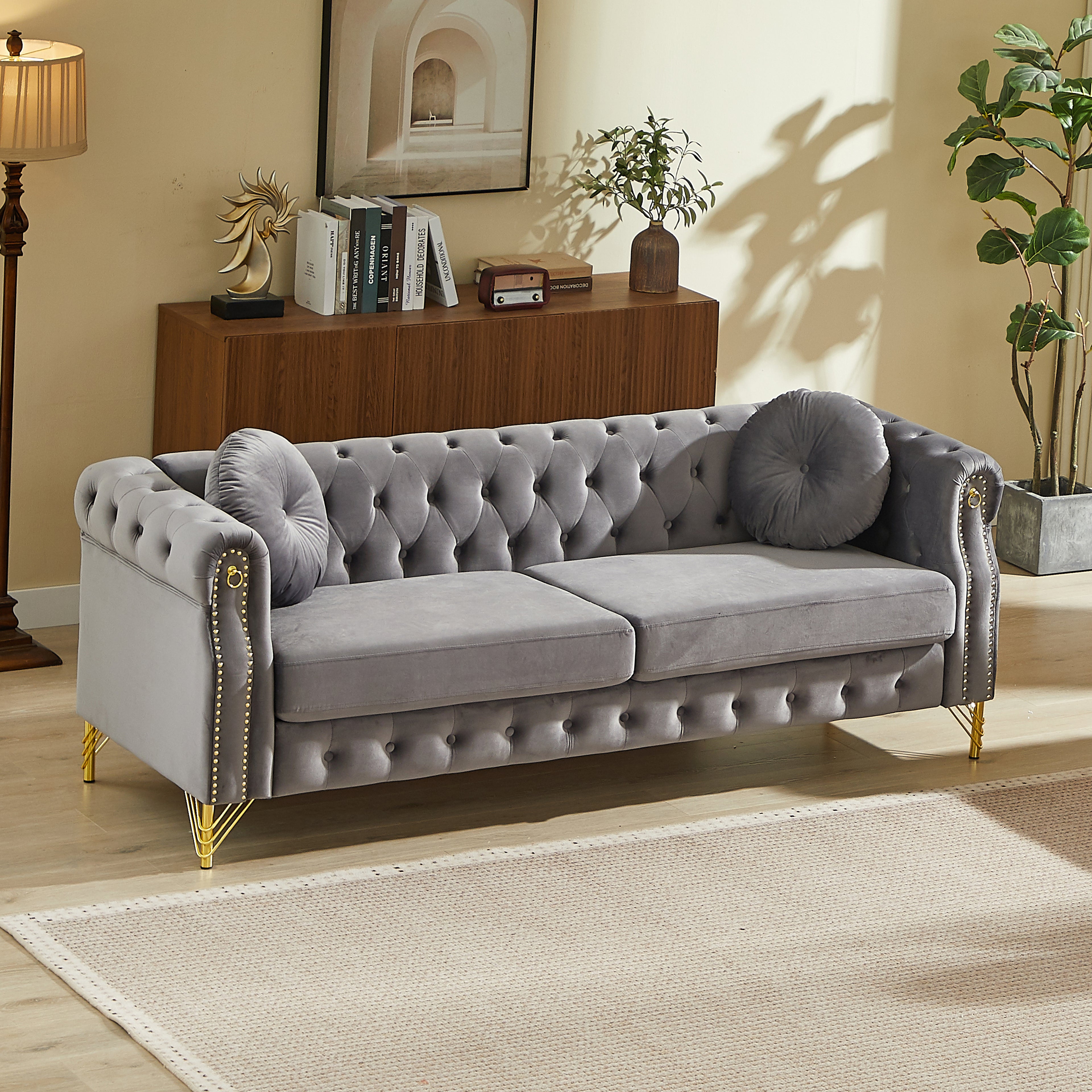 82-Inch Velvet Chesterfield Sofa with Two Round Pillows