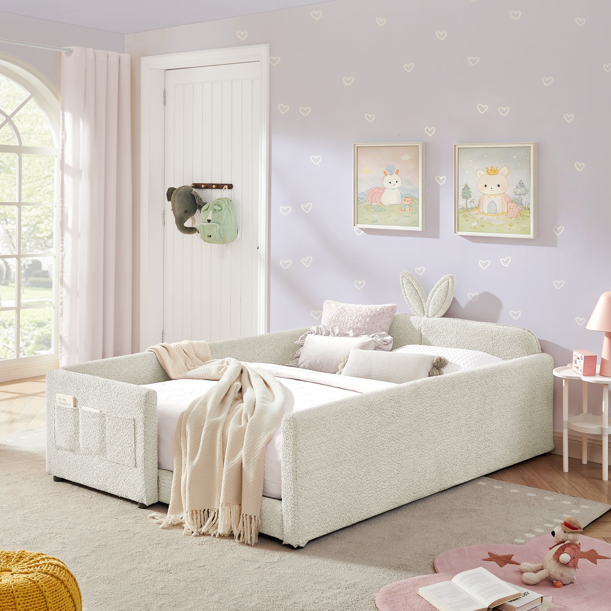 Full Size Upholstered Platform Bed with Cute Rabbit Ear Headboard