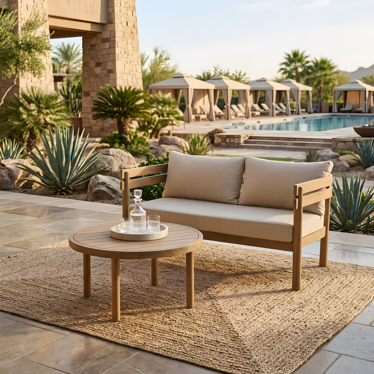 2-Piece Outdoor Acacia Wood Patio Loveseat Conversation Set, Light Brown