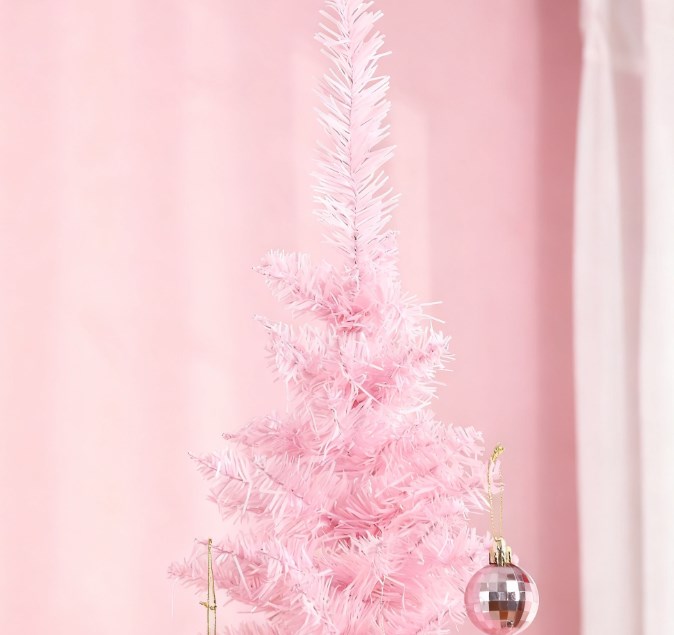 Slim Xmas Tree Artificial Pencil Christmas Tree, 7-Foot, Pink, with Plastic Stand