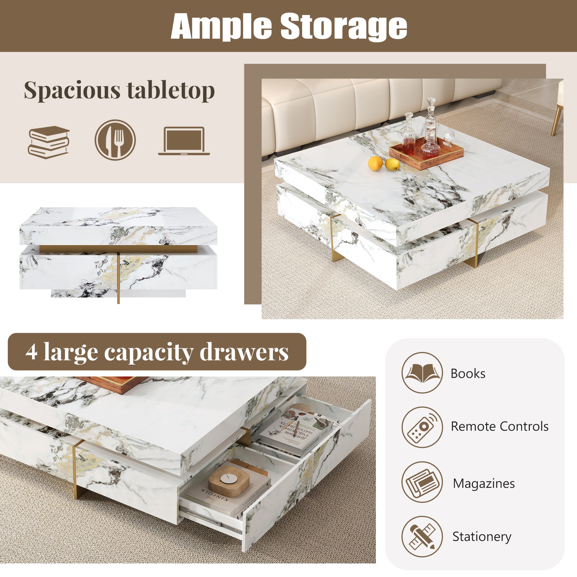 Modern Square Marble Textured Coffee Table with 4 Drawers