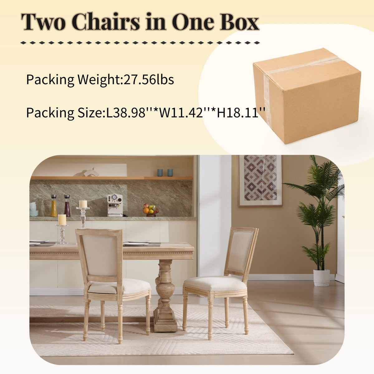 French Country Dining Chairs Set of 2, Upholstered, T-Shaped Back, Beige
