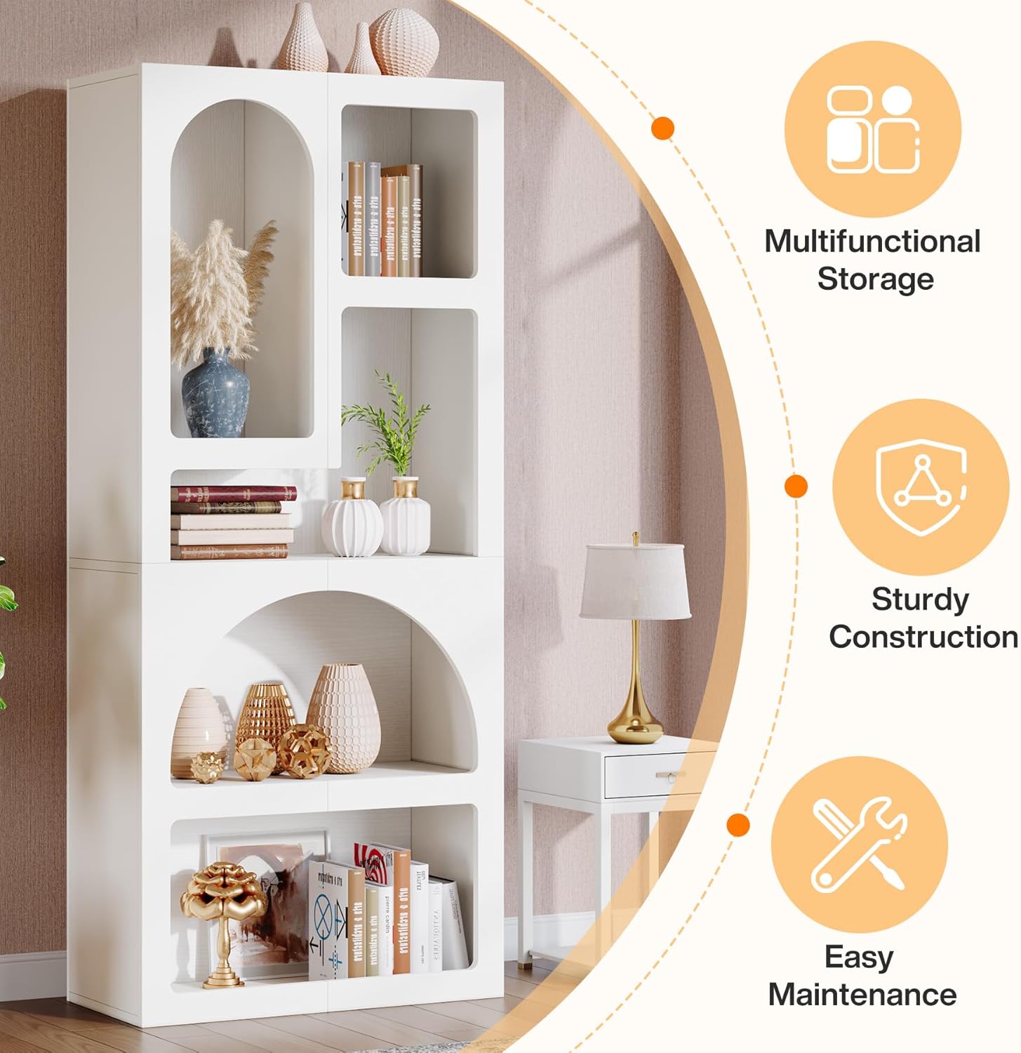 70.87” Tall White Geometric Arched 5-Shelf Art Display Bookcase