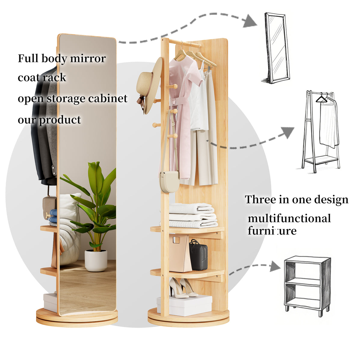 Multifunctional Full Length Mirror with Hook Storage Rack