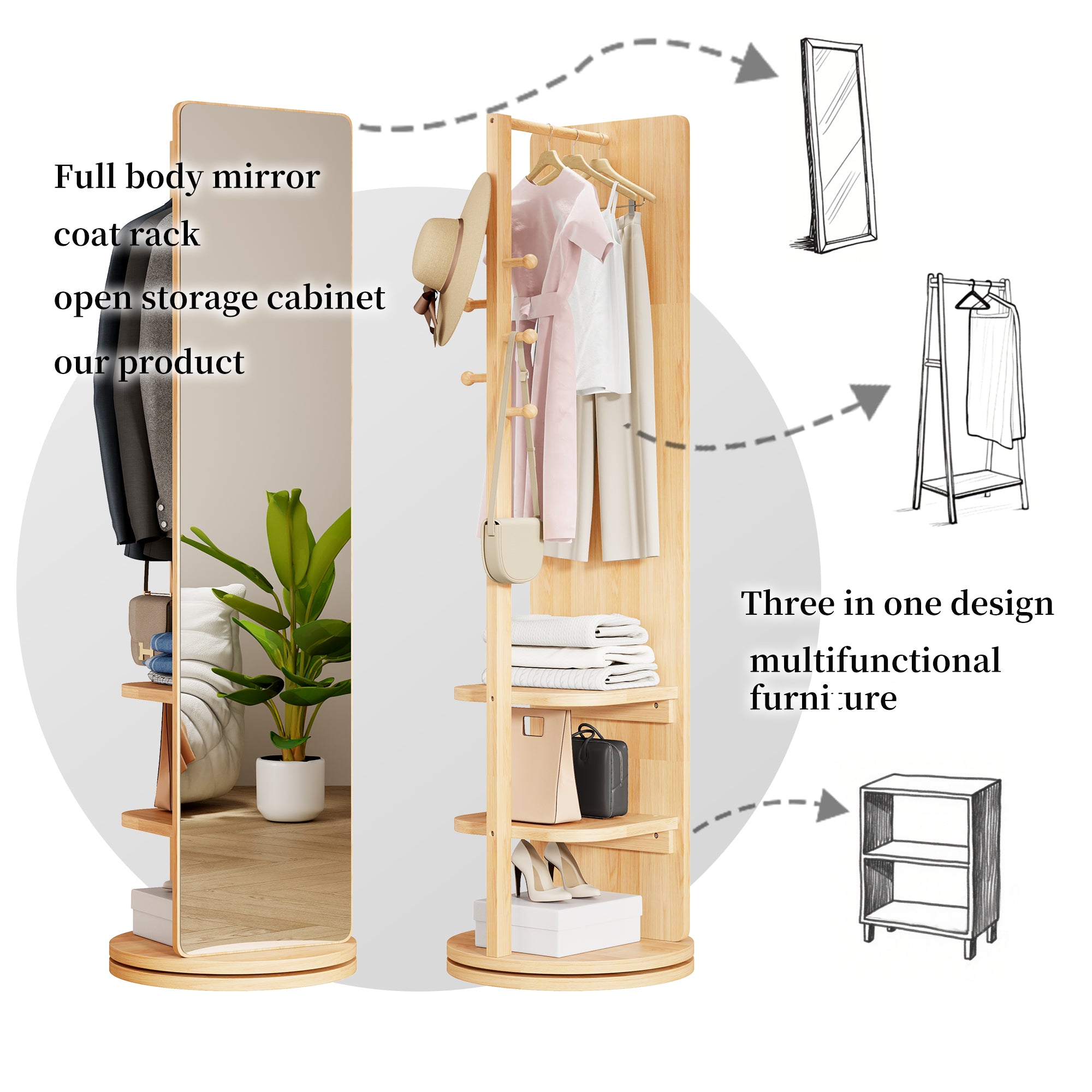 360° Rotating Multifunctional Full Length Mirror with Hook Storage Rack