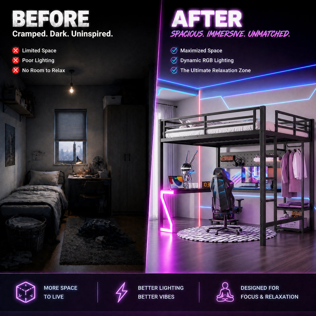 Queen Loft Bed with L-shaped Desk and USB Ports