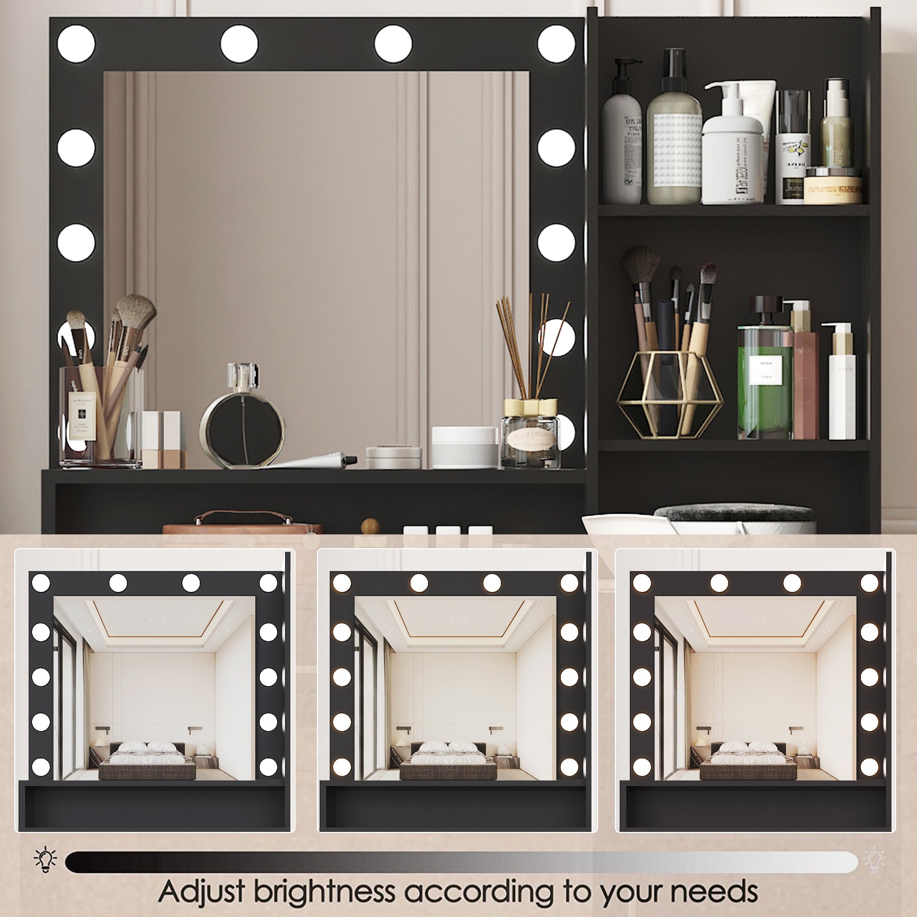 Vanity Desk with Mirror & Light, Large Drawer Three Level Storage Dresser