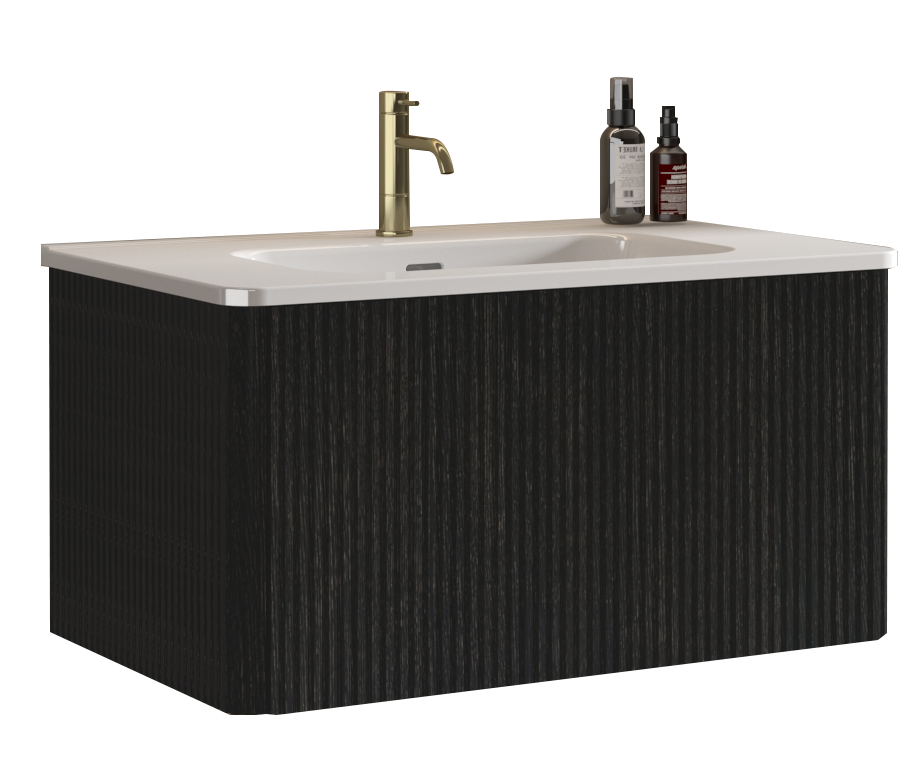 Etna 30-Inch Floating Bathroom Vanity, Black Melamine with White Ceramic Sink