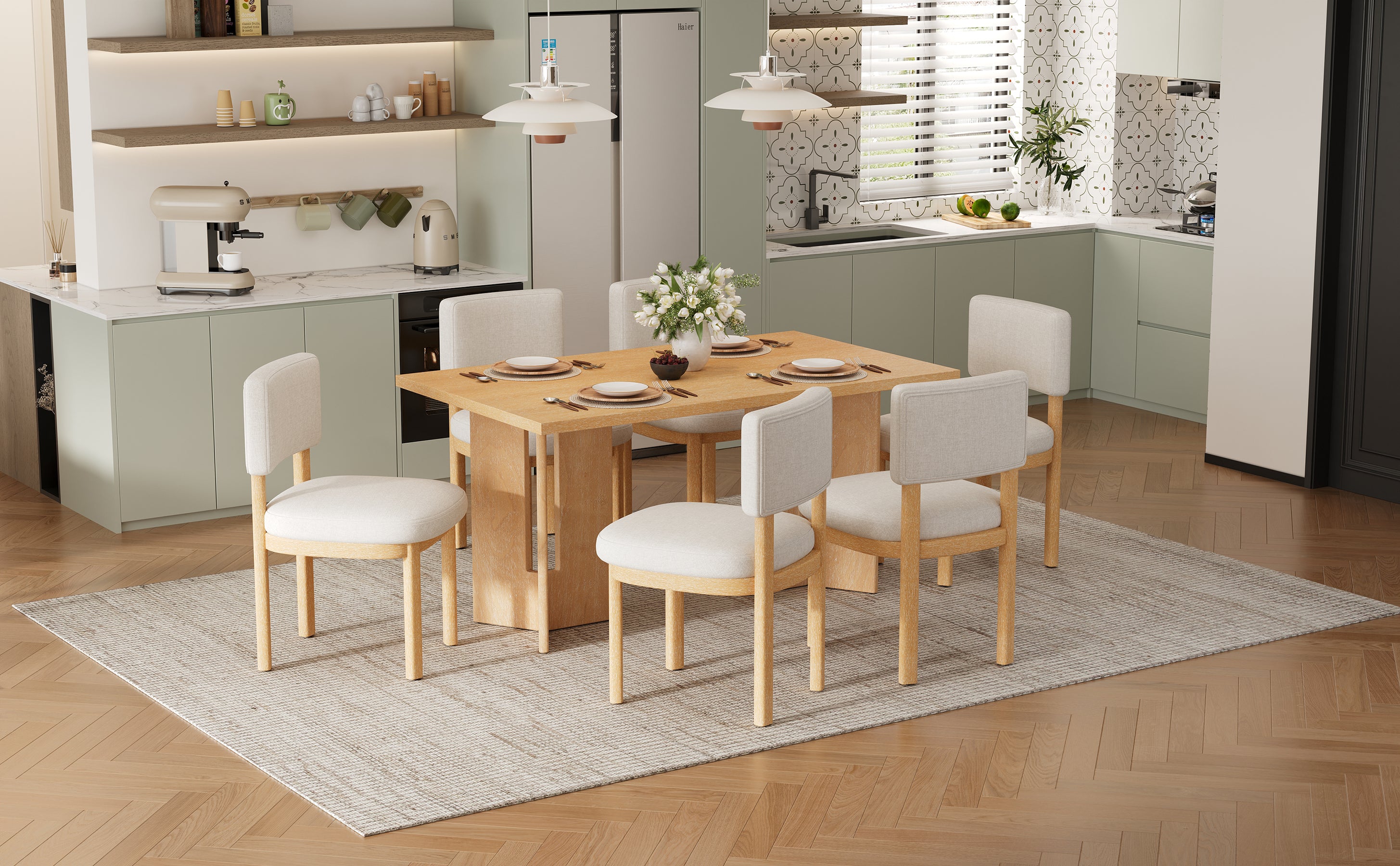 TREXM Farmhouse Wood Dining Table Set for 6 with Upholstered Chairs