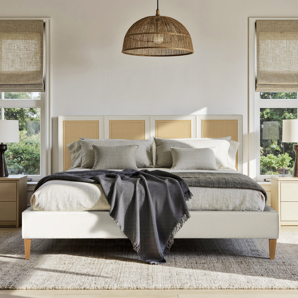 Toscana King Upholstered Cane Back Platform Bed, Antique
