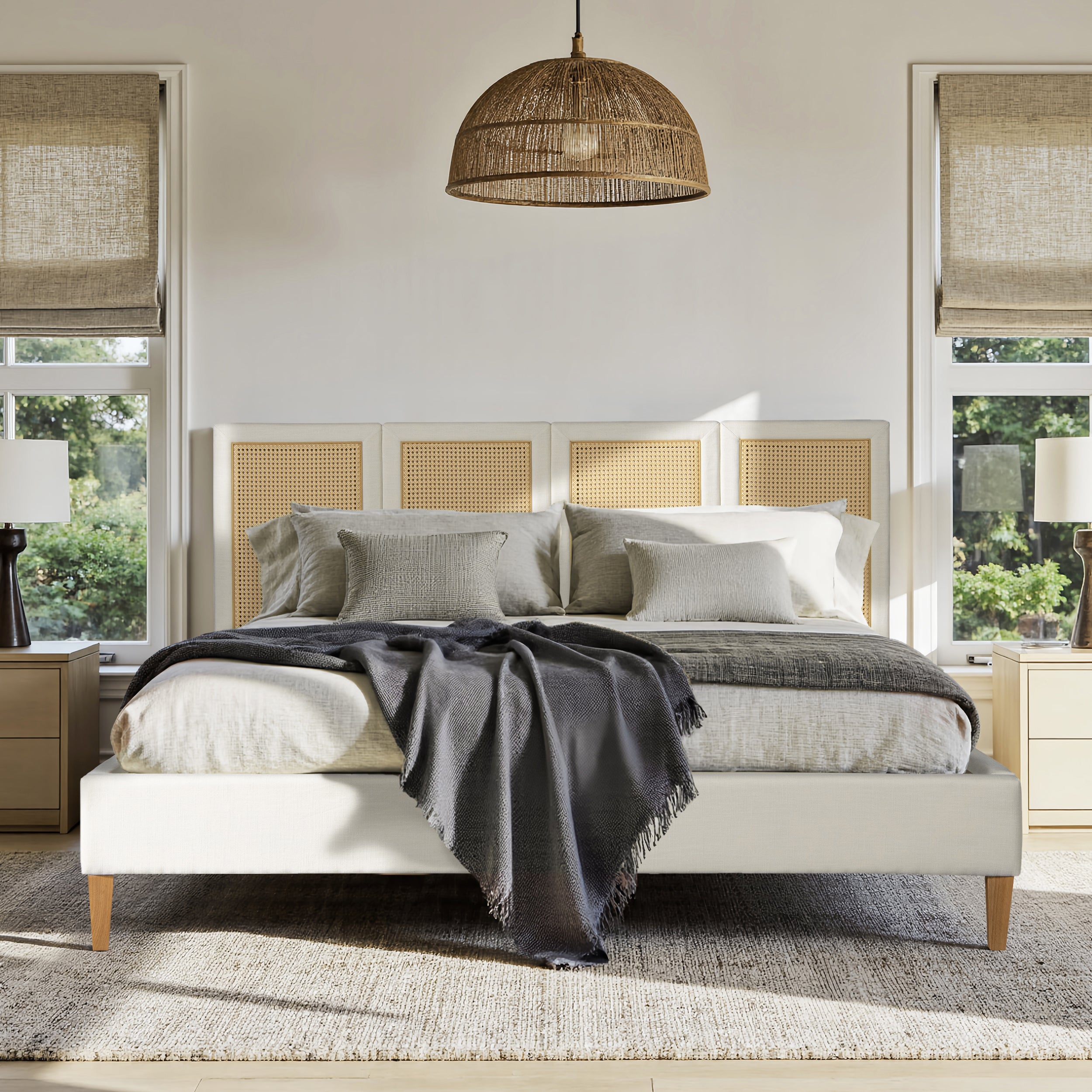 Toscana King Upholstered Cane Back Platform Bed, Antique
