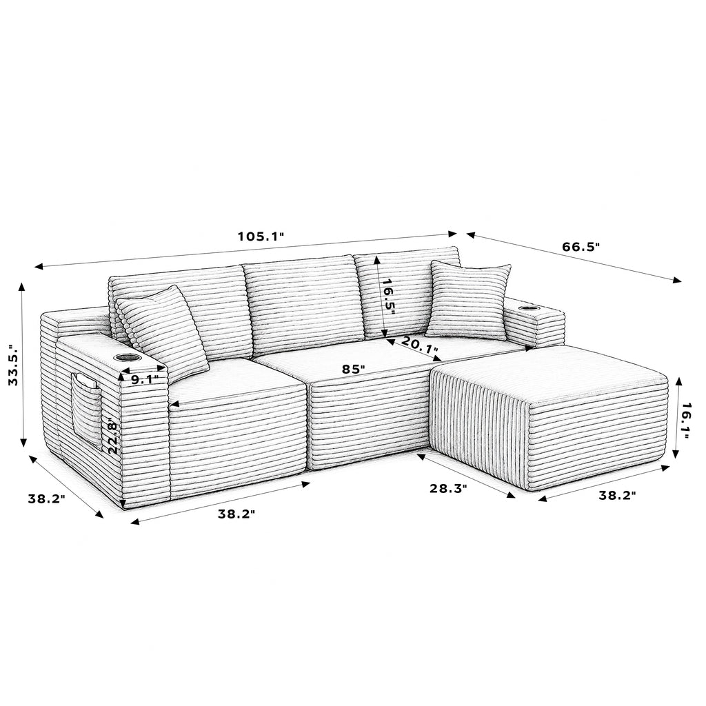 L-Shaped Sectional Sofa with Ottoman, Corduroy 3-Seat Couch for Living Room