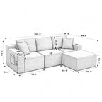 L-Shaped Sectional Sofa with Ottoman, Corduroy 3-Seat Couch for Living Room