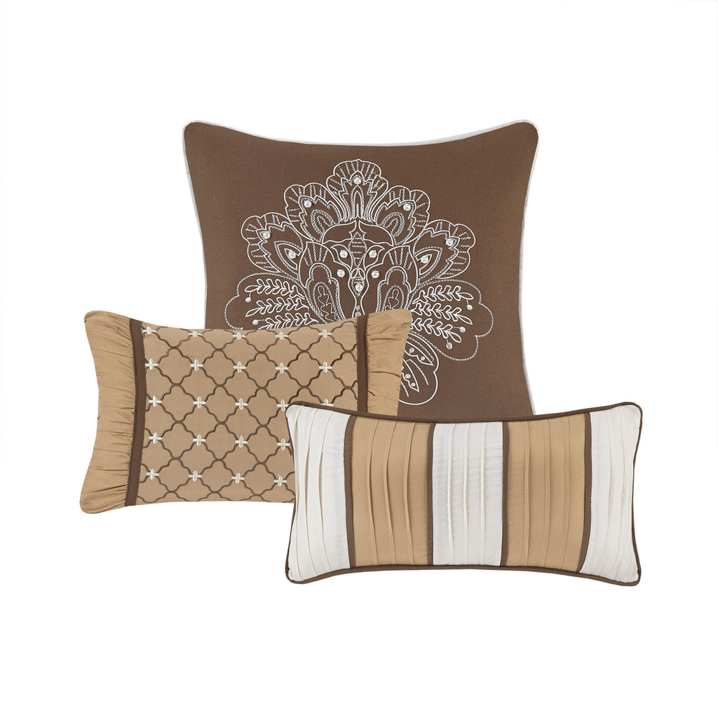 6 Piece Jacquard Quilt Set with Throw Pillows Brown/Gold King/Cal King