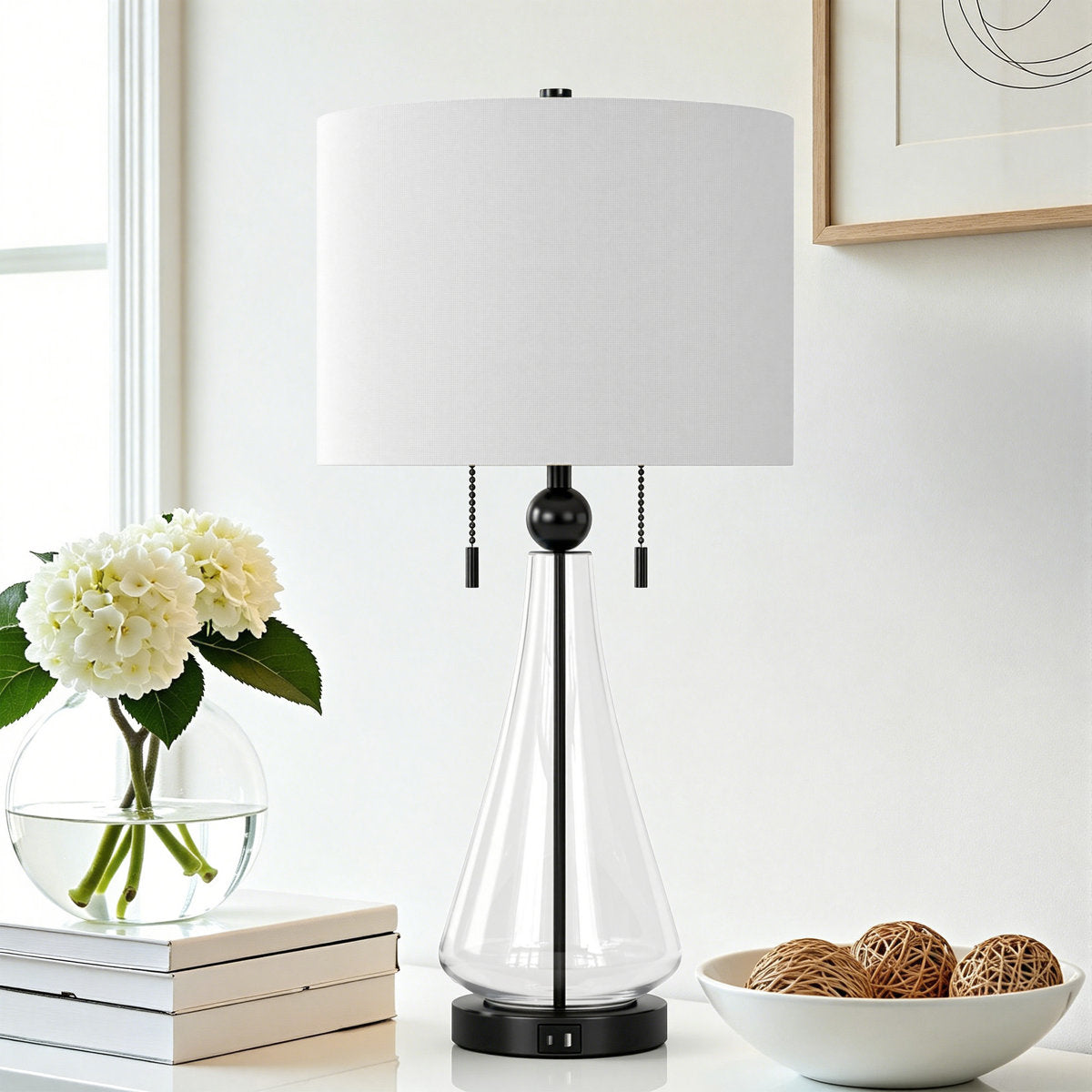 Modern Glam Glass Table Lamp, 28 Inches, USB Charging, Nickel