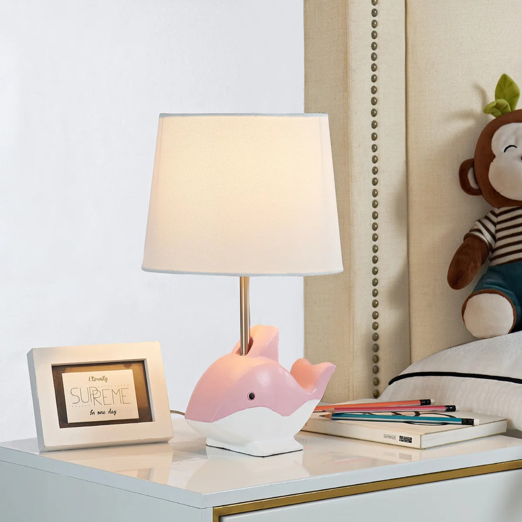 15-Inch Dolphin Resin Table Lamp, Pink, with White Linen Shade