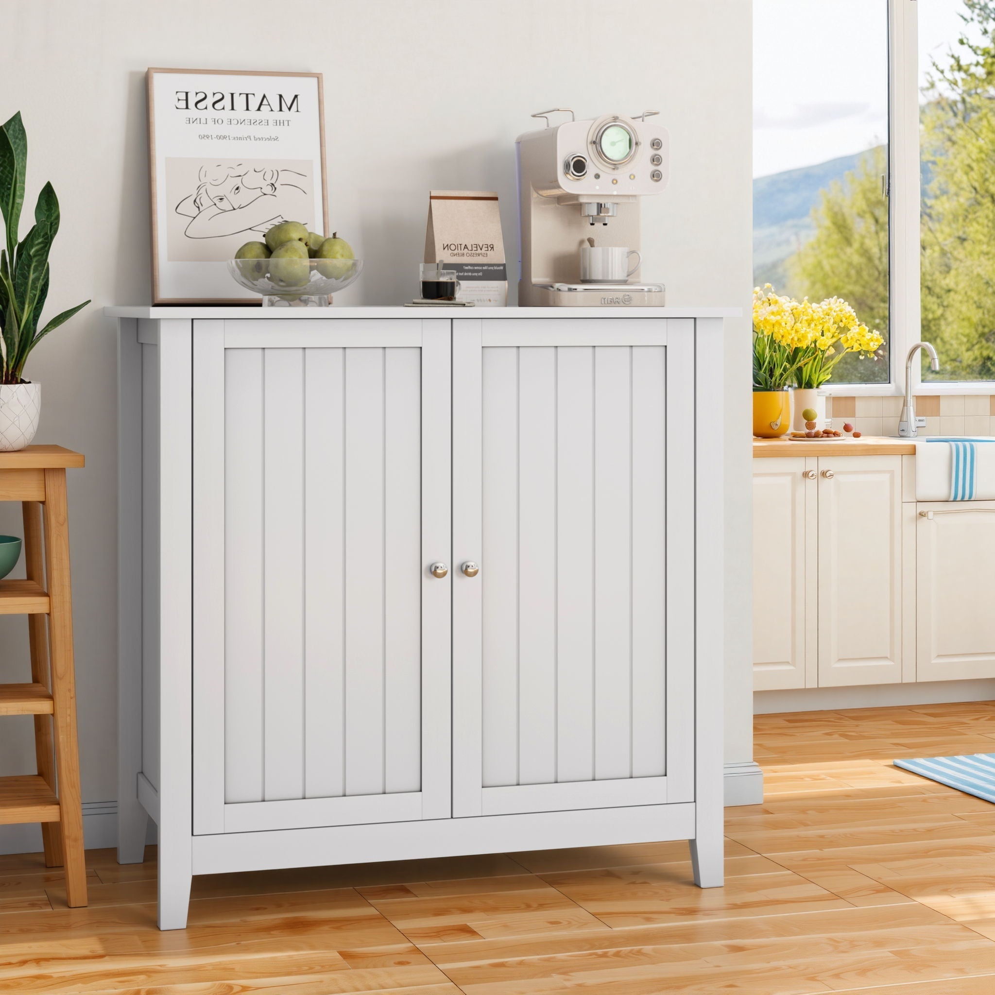 Mid Century Modern Double Door Storage Cabinet With Knobs - White