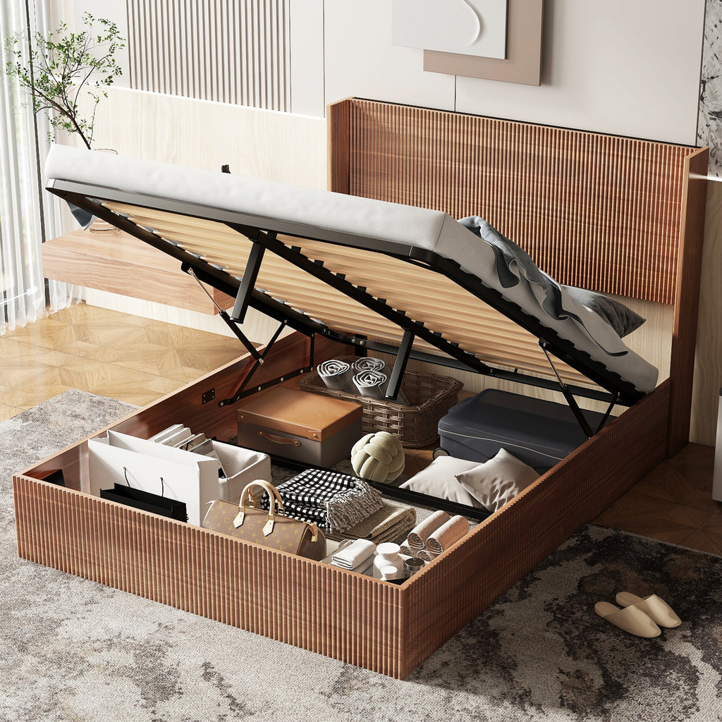 Queen Size Bed Frame with Grooved Lifting Storage Function