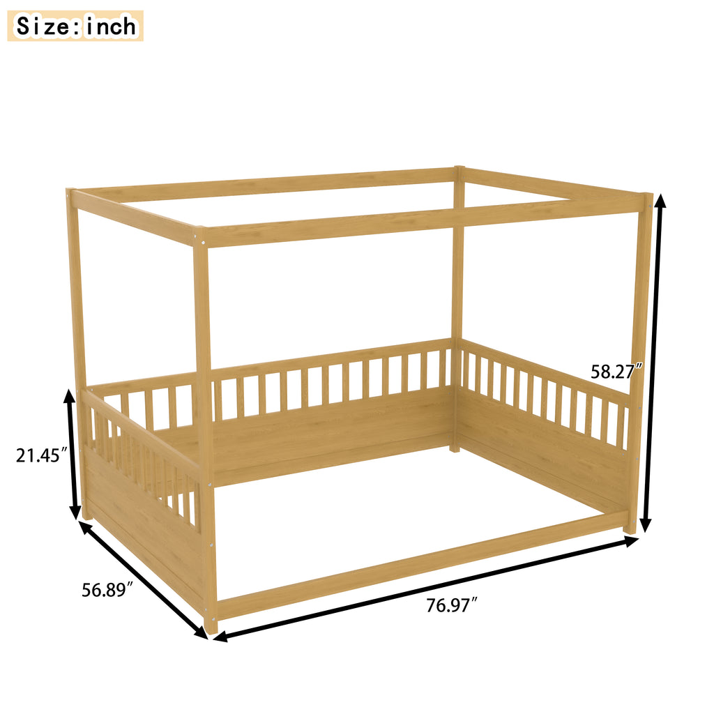 Full Size Canopy Bed Frame with Guardrails for Kids