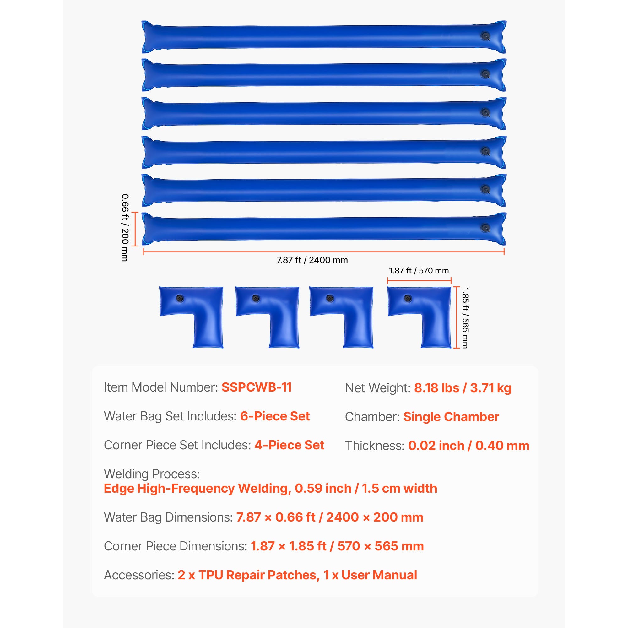 26 Gauge 6-Pack 4ft Single Chamber Pool Cover Water Bags