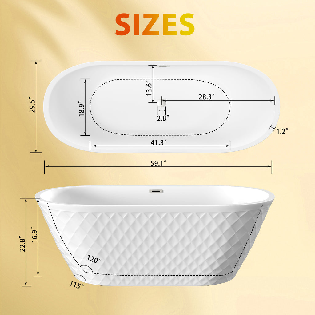 59" Acrylic Freestanding Bathtub with Unique Diamond Pattern Design