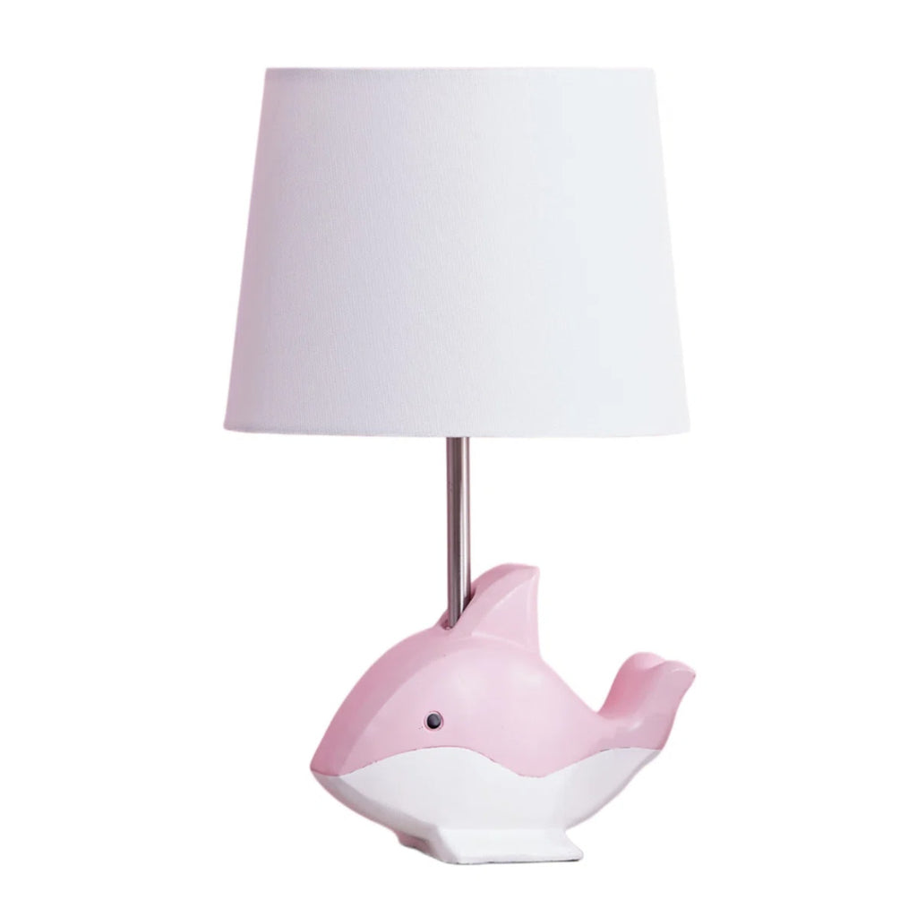 15-Inch Dolphin Resin Table Lamp, Pink, with White Linen Shade