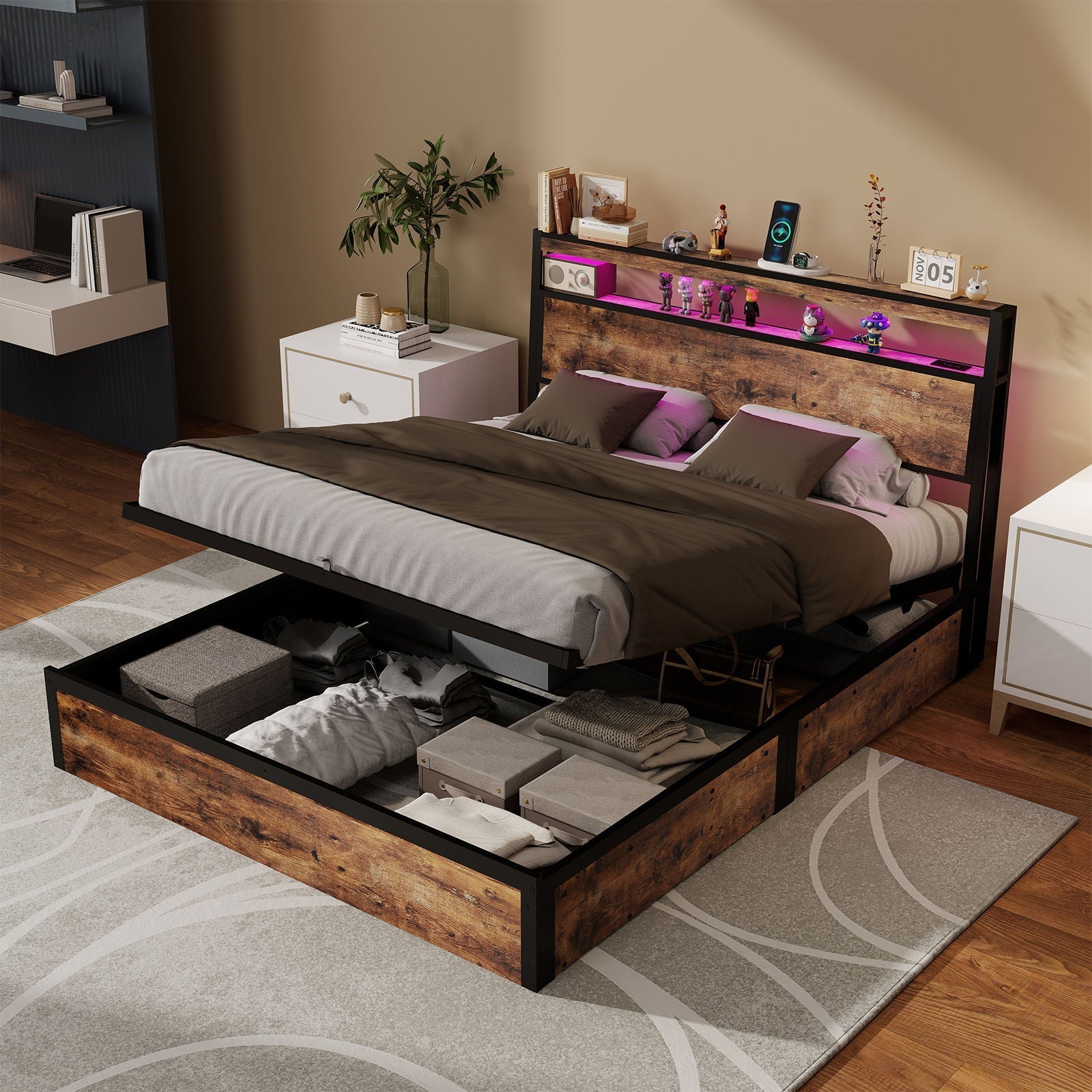Frame With Hydraulic Lift Storage, RGB LED Lights & Multi-Port Charging, No Box Spring Needed