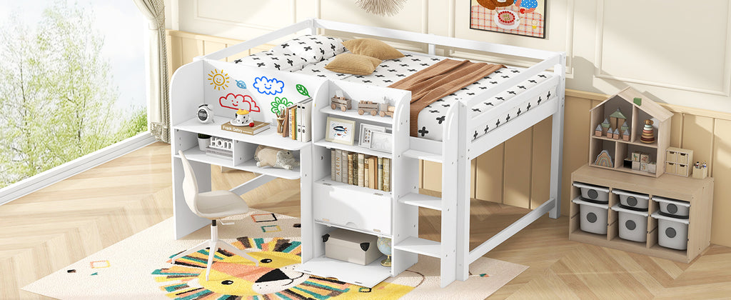 Full Size Low Loft Bed with Built-in Desk, Storage Cabinets and Open Bookcase