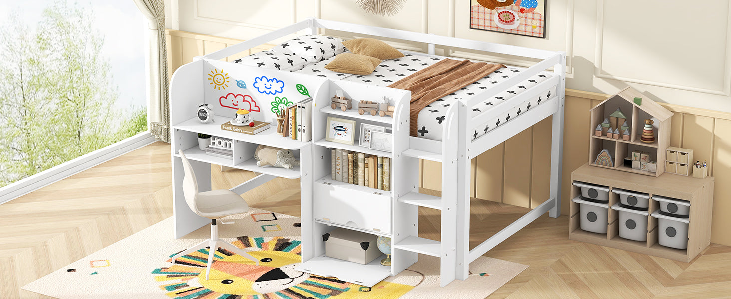Full Size Low Loft Bed with Built-in Desk, Storage Cabinets and Open Bookcase