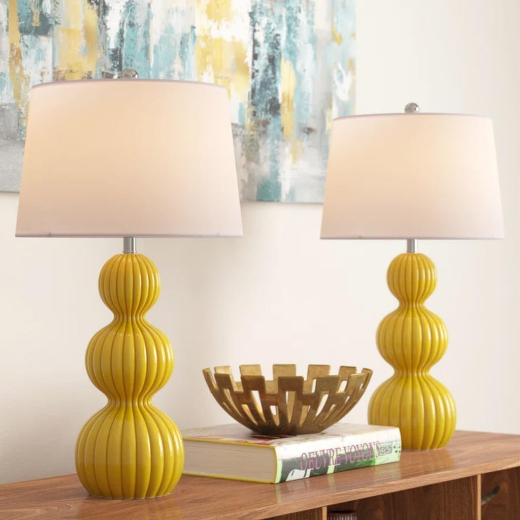 28-Inch Ceramic Table Lamps Set of 2, Modern Triple Gourd, Yellow with White Shade