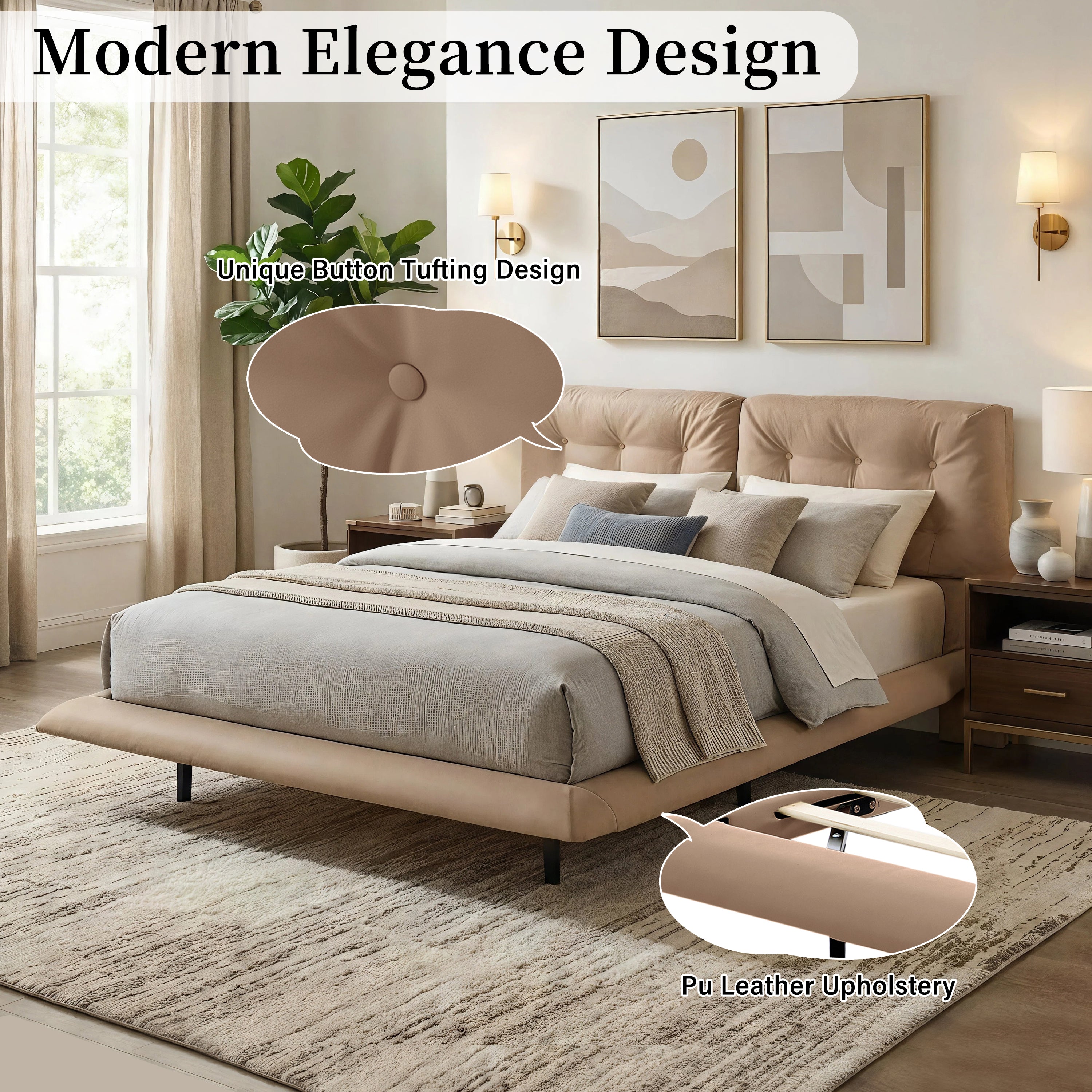 Queen Size Upholstered Floating Bed Frame with LED Lights