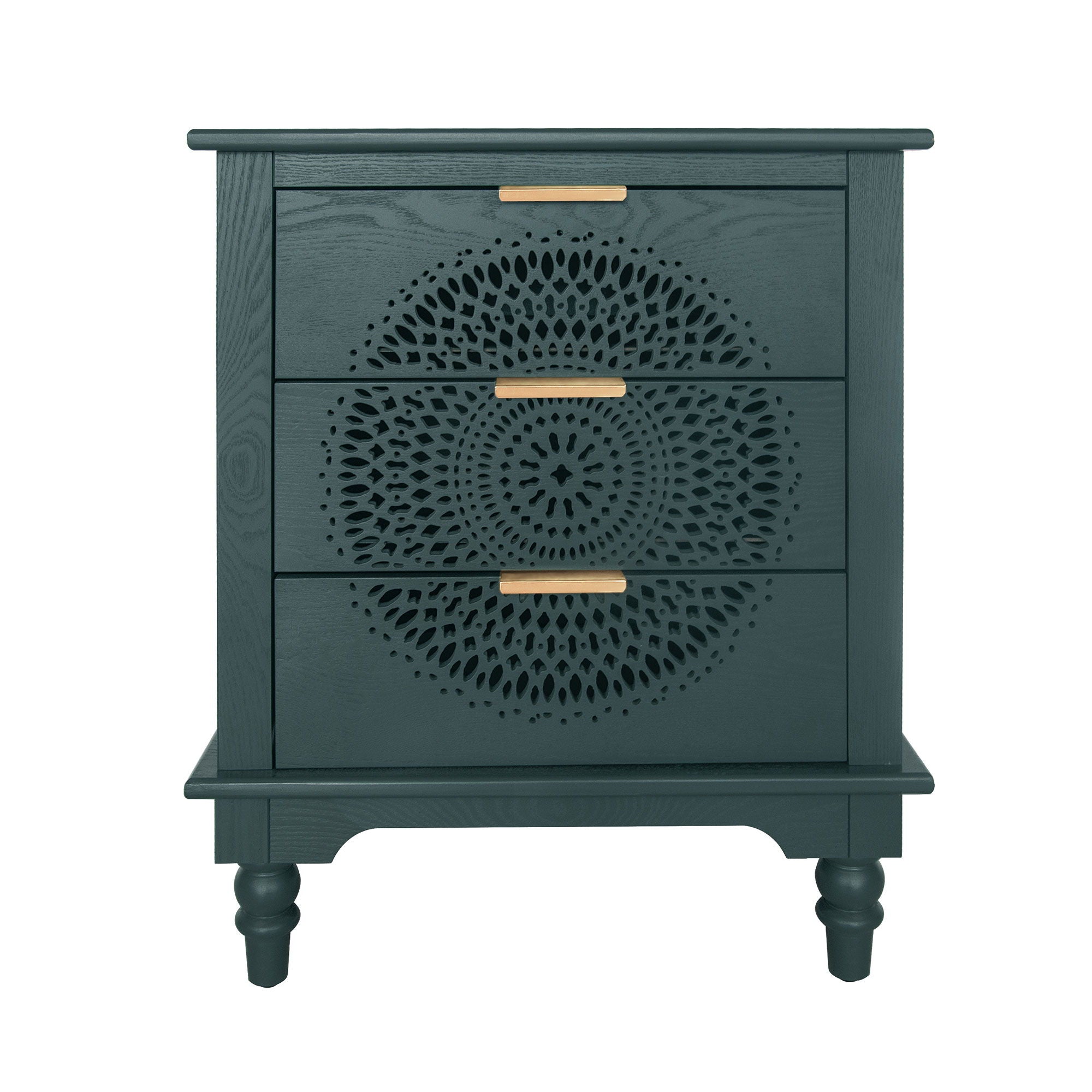 Hollow Carved 3 Drawer Dresser With Metal Handles, Storage Chest For Living Room Or Bedroom - Blackish Green
