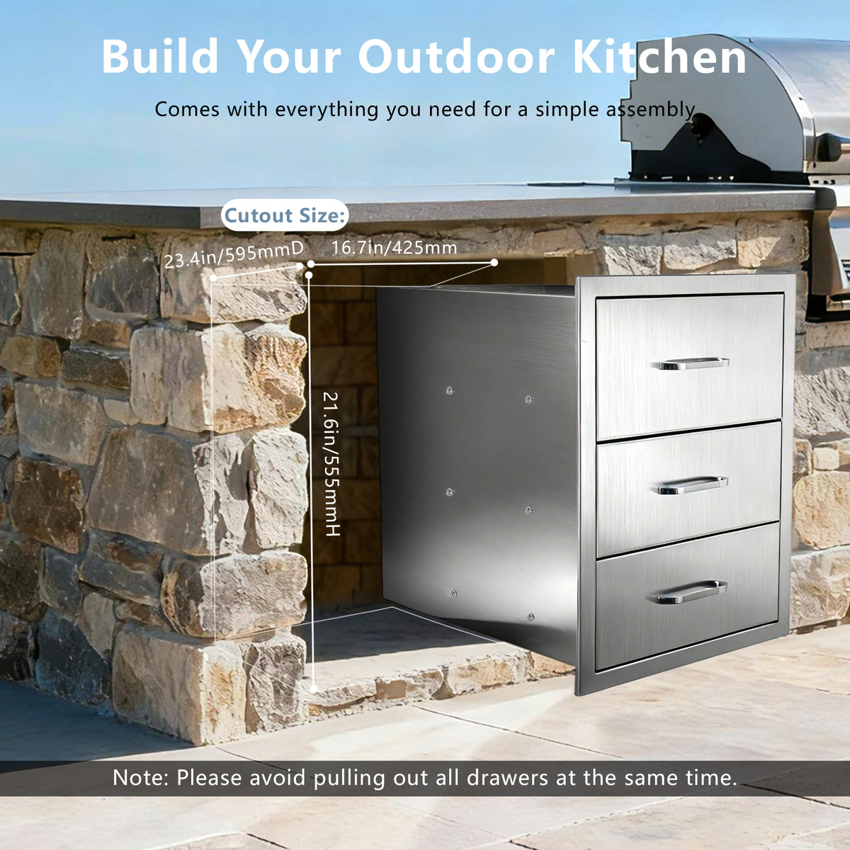 Outdoor Kitchen Stainless Steel Triple Drawer Cabinet, 18W x 23H x 23D, Steel Gray