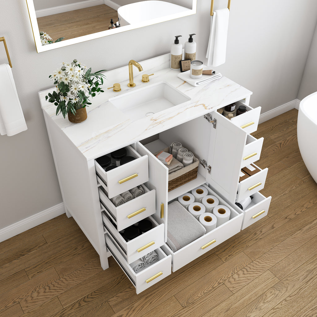 42" Modern Solid Wood Bathroom Vanity with Sink, 43" Carrara