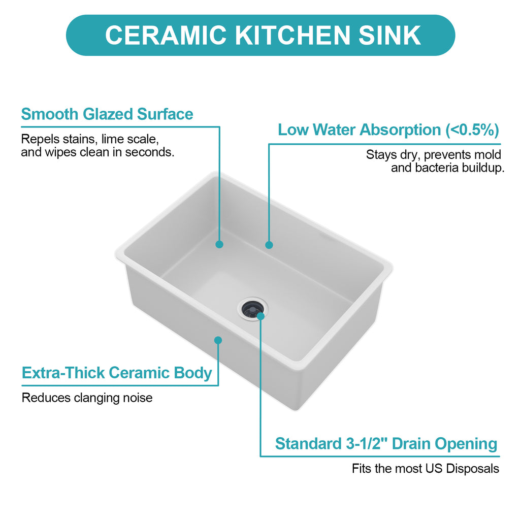 27"x19"x10" Undermount Single Bowl Fireclay Kitchen Sink