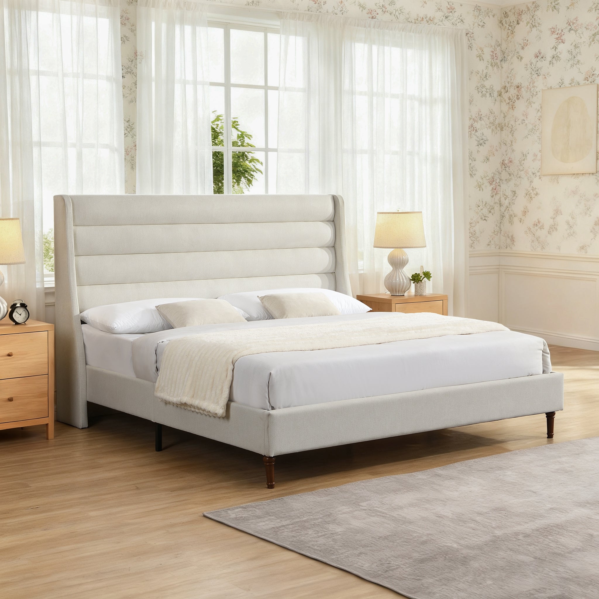 King Size Bed Frame with High Wave-Shaped Headboard