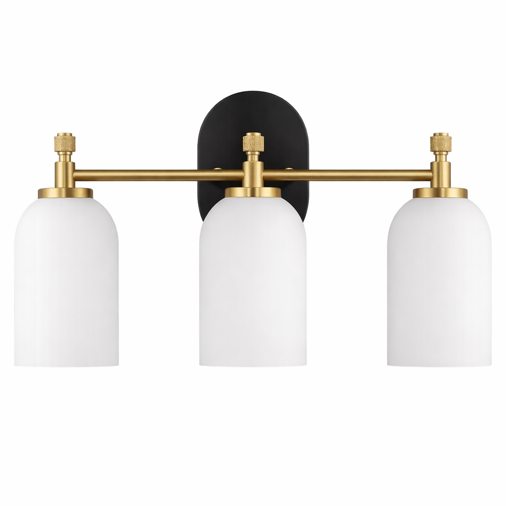 Meadows Three Lights Vanity Brushed Gold Bathroom Lighting