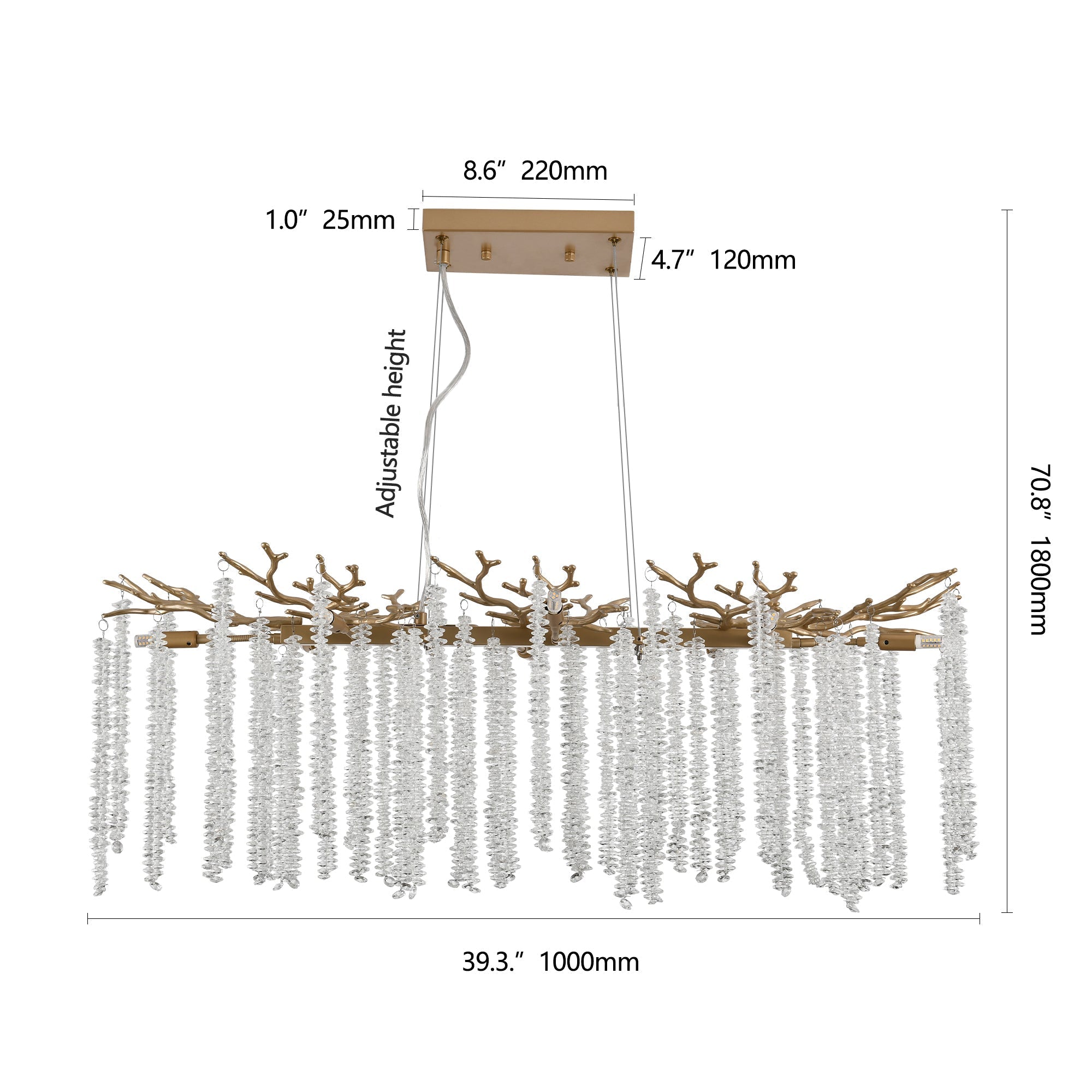 39-inch Modern Golden Pendant Light with Cascading Crystal Strands